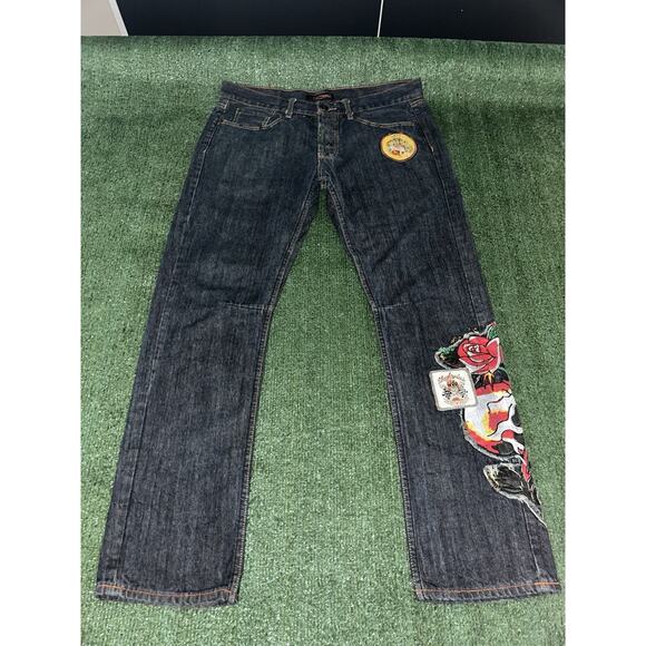 VTG Ed Hardy Mens 36x32 Blue Denim Christian Audigier Skull - Picture 1 of 11